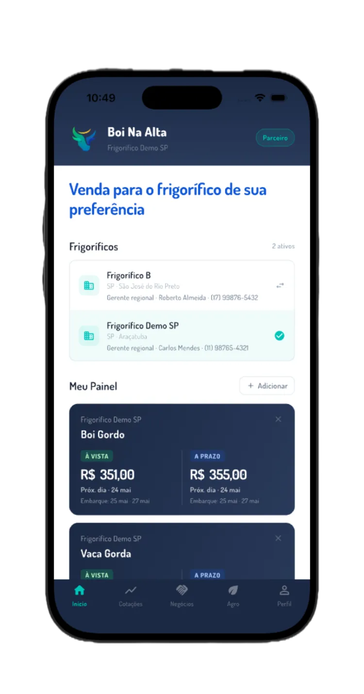 Boi Na Alta — tela inicial do produtor